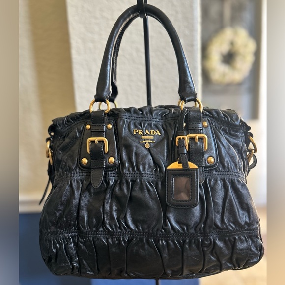 PRADA Ruched Gaufre Leather Top Handle Bag Crossbody Handbag Buttery Soft - Picture 6 of 17